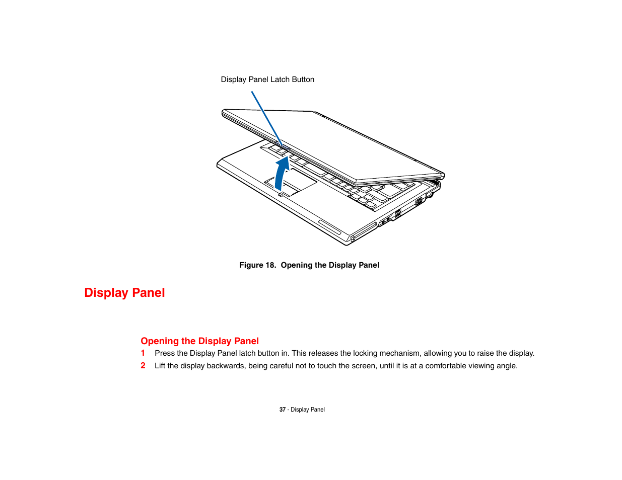 Display panel, Opening the display panel | FUJITSU V1010 User Manual | Page 42 / 162