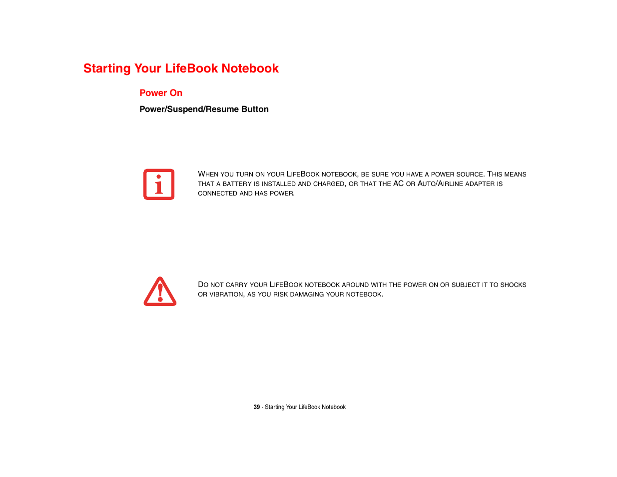 Starting your lifebook notebook, Power on | FUJITSU V1010 User Manual | Page 44 / 162