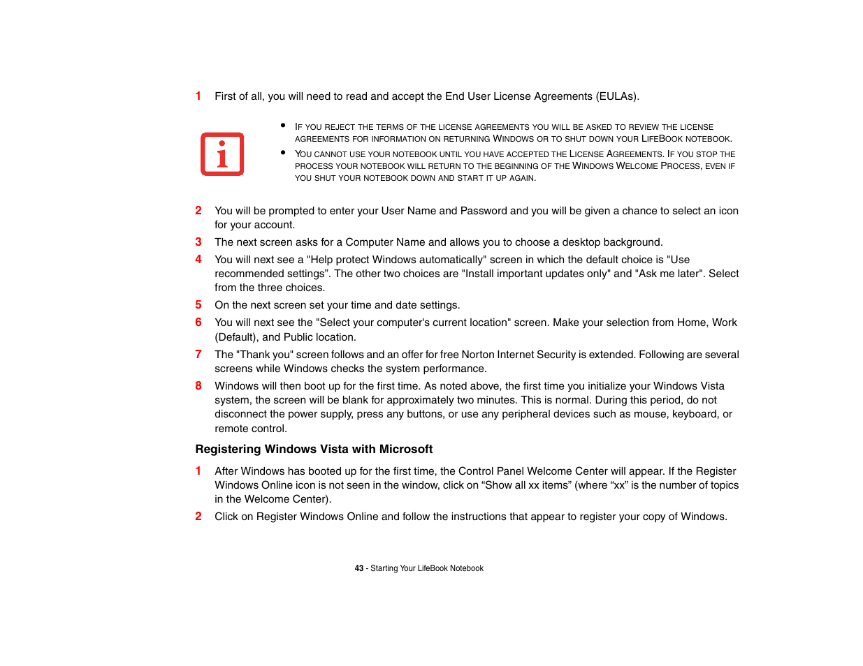 Registering windows vista with microsoft 1 | FUJITSU V1010 User Manual | Page 48 / 162