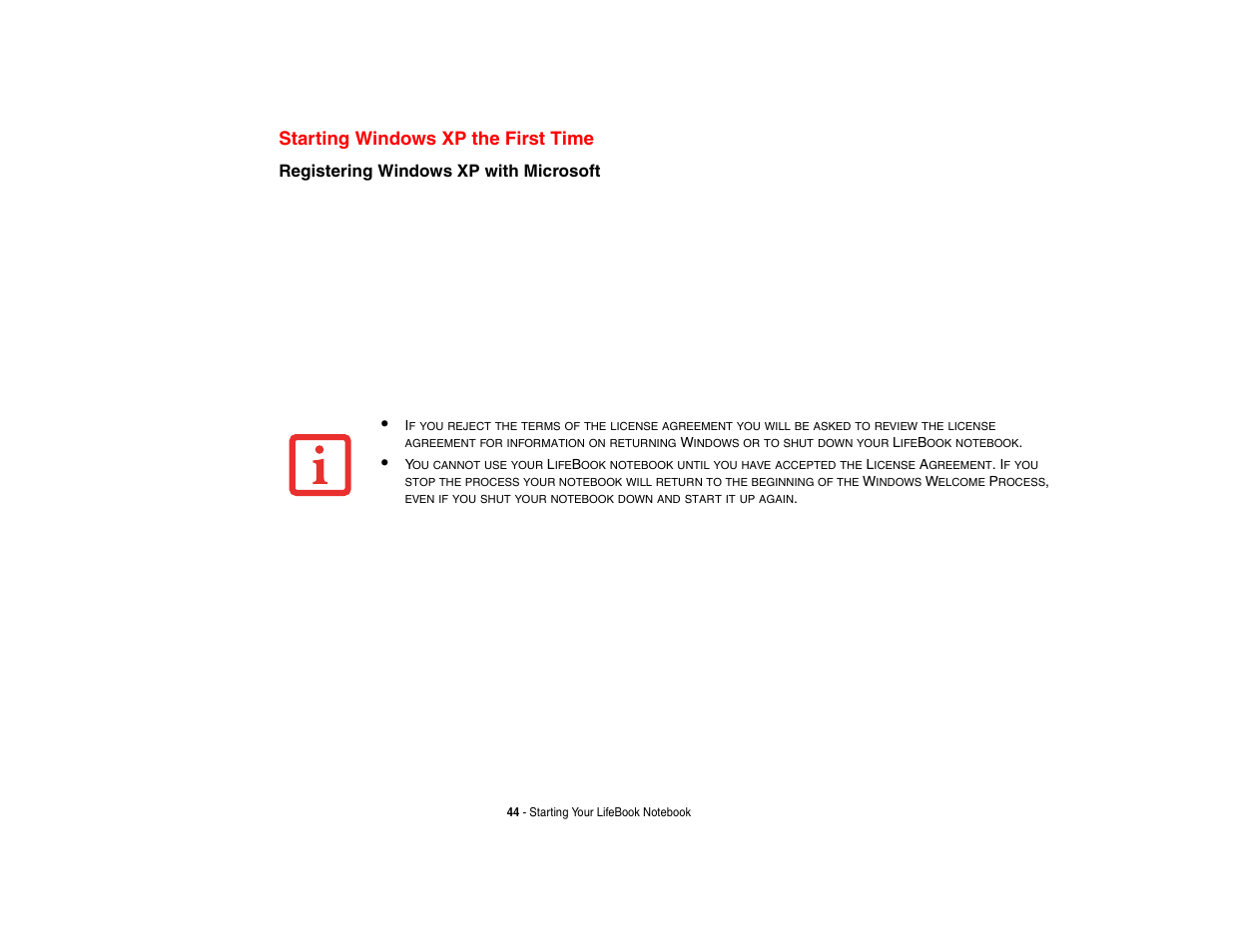 Starting windows xp the first time, Registering windows xp with microsoft | FUJITSU V1010 User Manual | Page 49 / 162