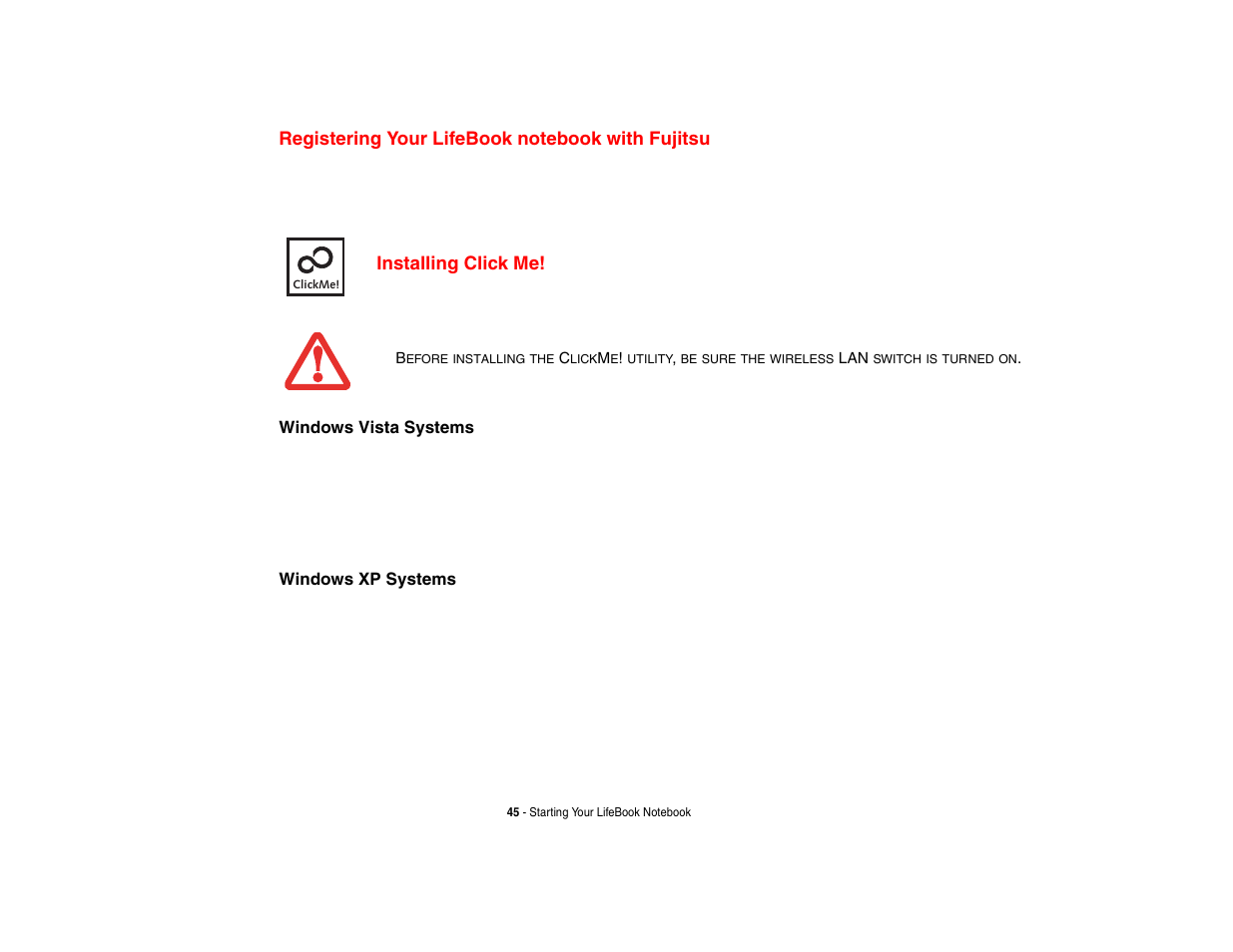 Registering your lifebook notebook with fujitsu, Installing click me | FUJITSU V1010 User Manual | Page 50 / 162