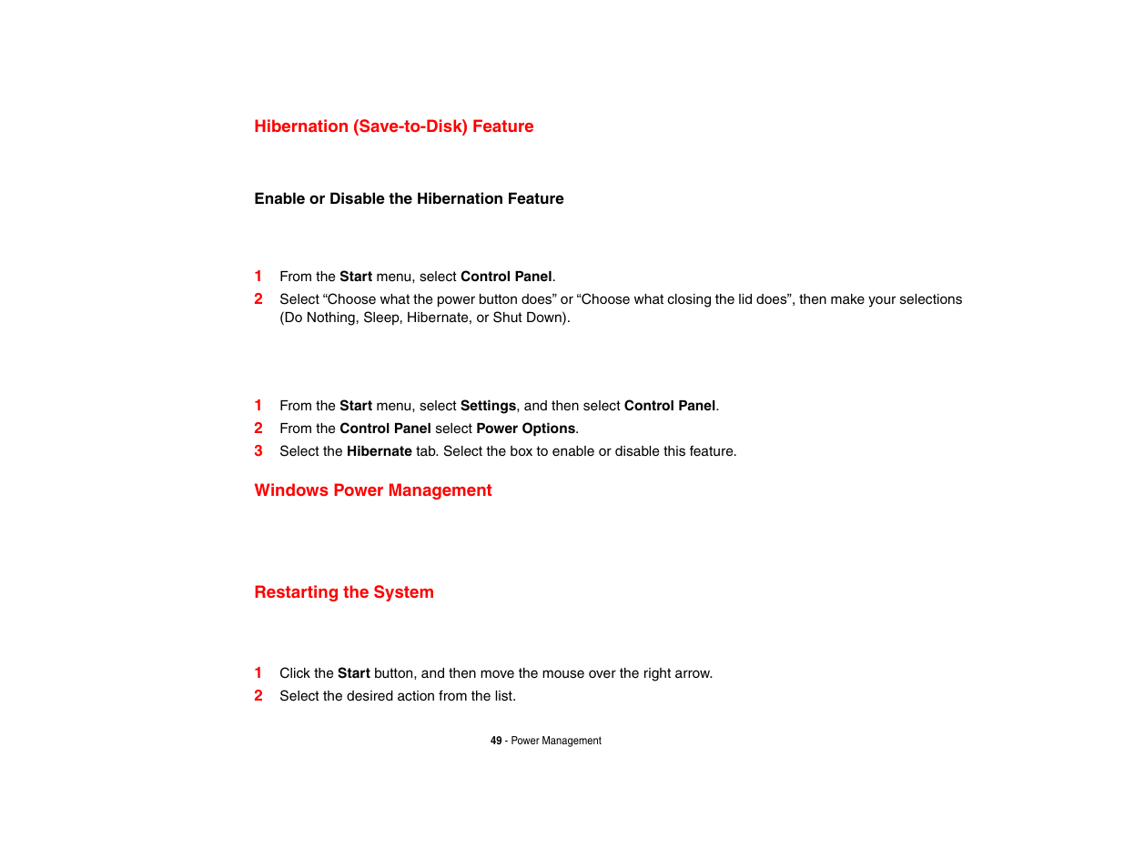 Hibernation (save-to-disk) feature, Windows power management, Restarting the system | FUJITSU V1010 User Manual | Page 54 / 162