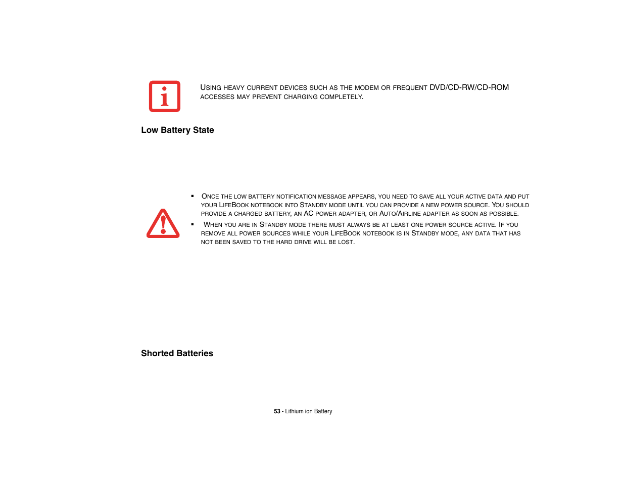 Low battery state, Shorted batteries | FUJITSU V1010 User Manual | Page 58 / 162