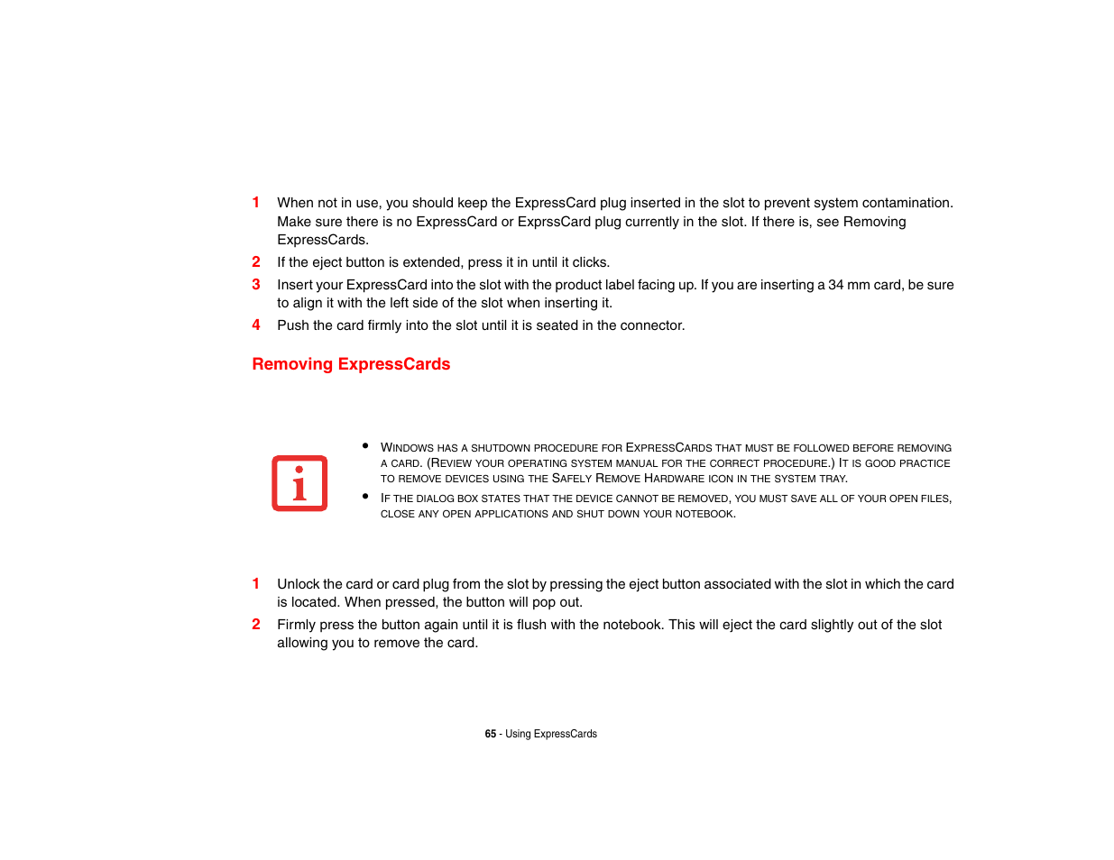 Removing expresscards | FUJITSU V1010 User Manual | Page 70 / 162