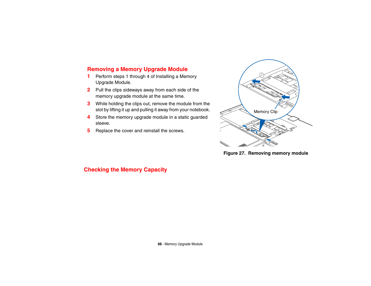 Removing a memory upgrade module, Checking the memory capacity | FUJITSU V1010 User Manual | Page 73 / 162