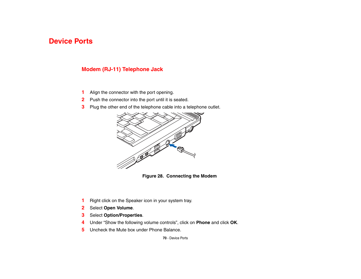 Device ports, Modem (rj-11) telephone jack | FUJITSU V1010 User Manual | Page 75 / 162