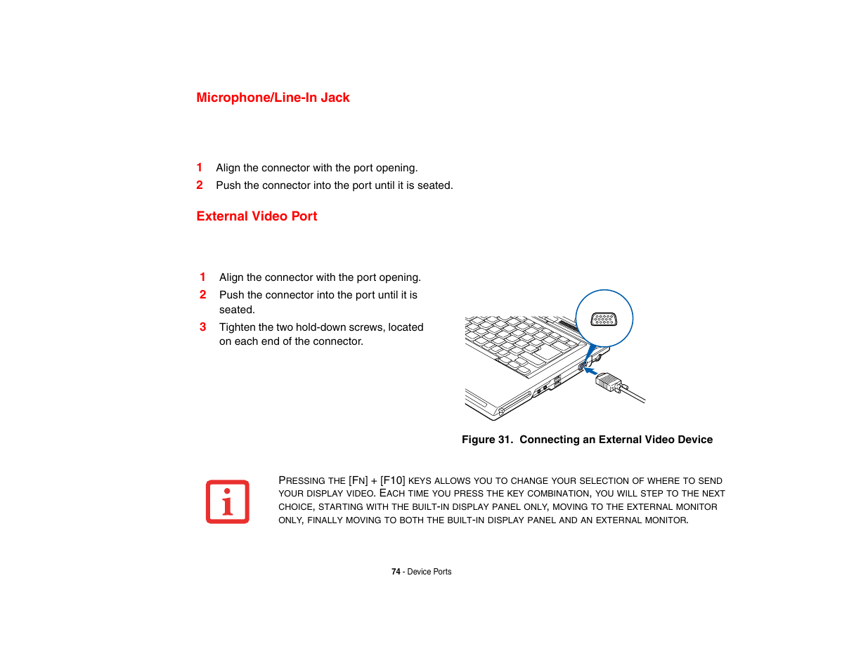 Microphone/line-in jack, External video port, Microphone/line-in jack external video port | FUJITSU V1010 User Manual | Page 79 / 162