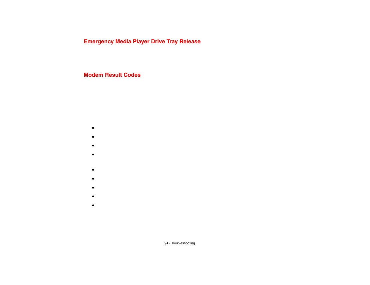 Emergency media player drive tray release, Modem result codes | FUJITSU V1010 User Manual | Page 99 / 162