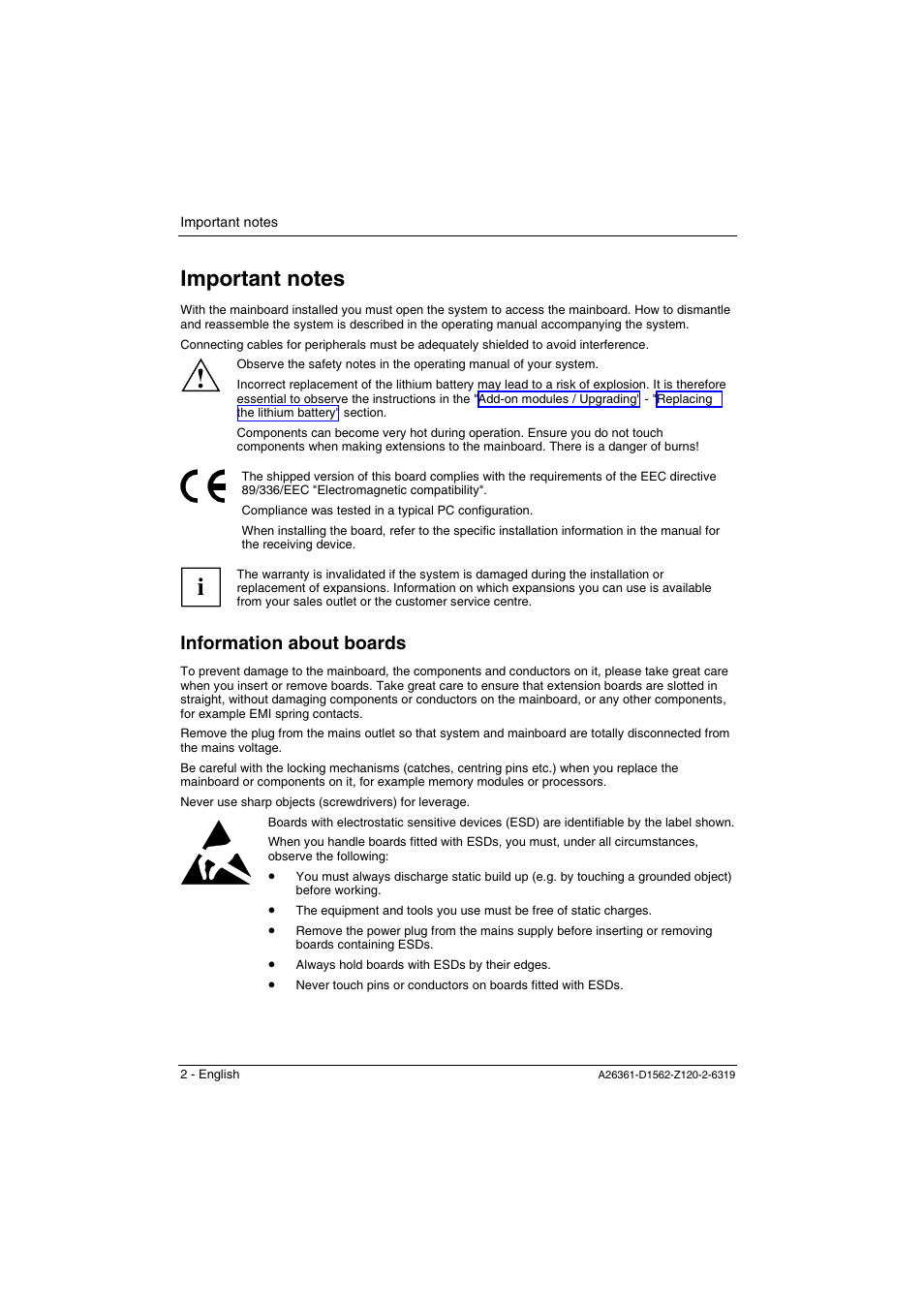 Important notes, Information about boards | FUJITSU Mainboard D1562 User Manual | Page 12 / 45