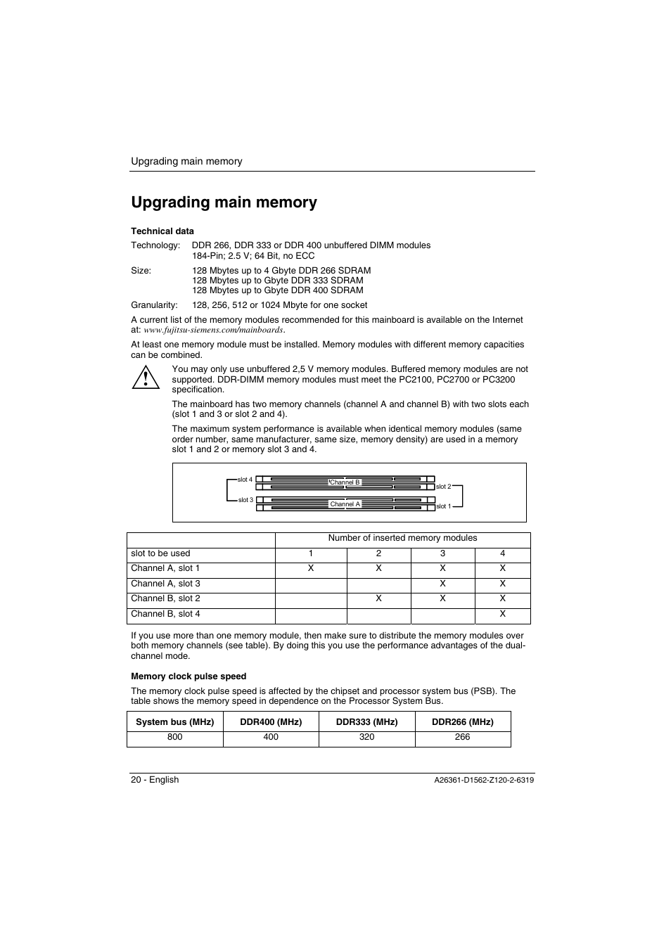 Upgrading main memory | FUJITSU Mainboard D1562 User Manual | Page 30 / 45