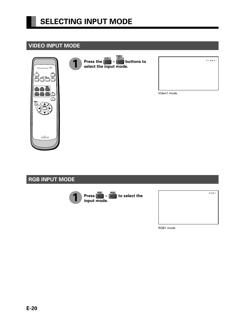 Selecting input mode | FUJITSU P42VHA20W User Manual | Page 20 / 45