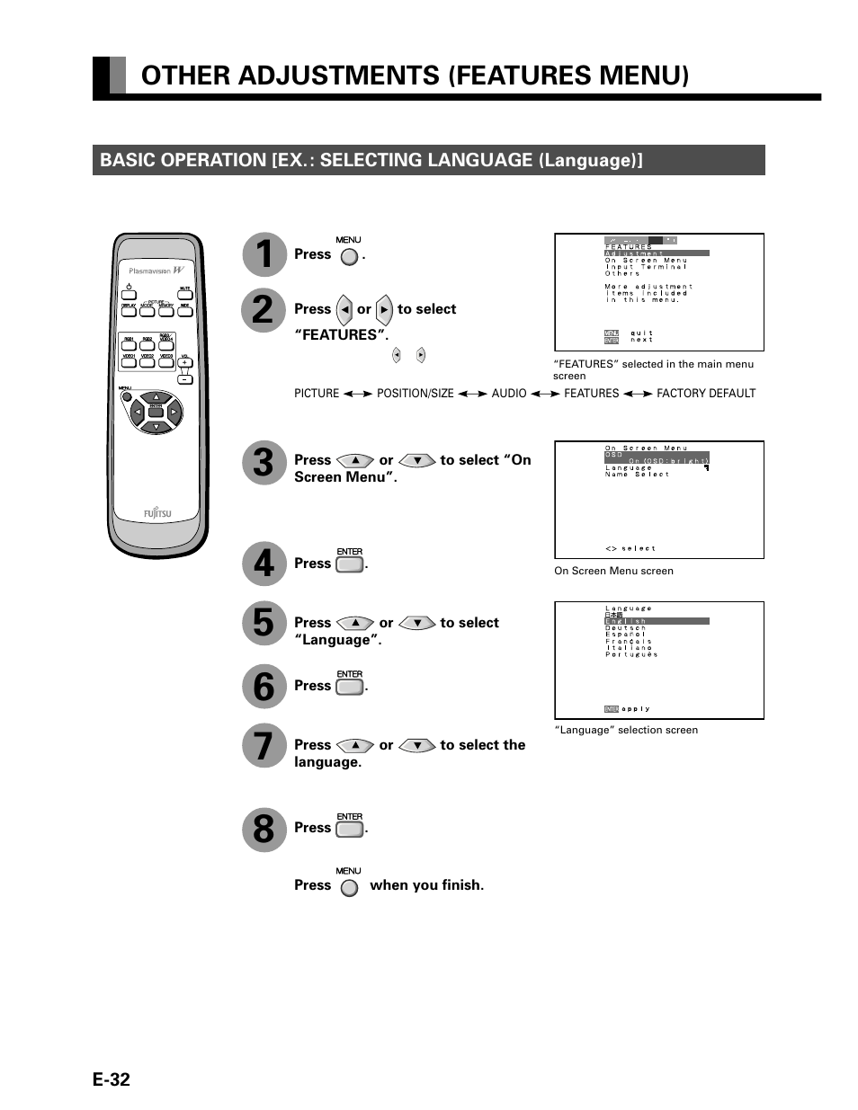 Other adjustments (features menu) | FUJITSU P42VHA20W User Manual | Page 32 / 45