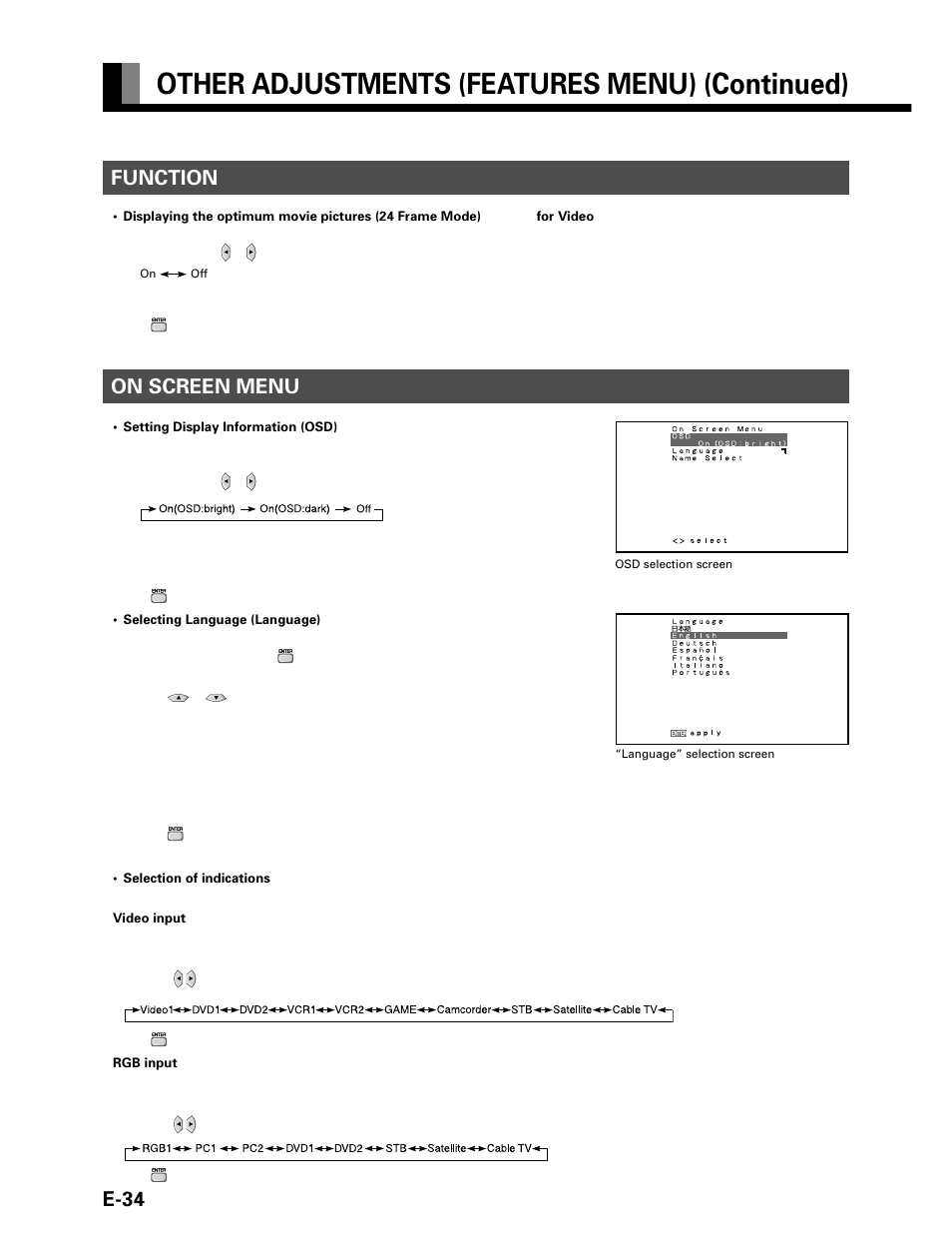 Other adjustments (features menu) (continued), E-34, On screen menu | Function | FUJITSU P42VHA20W User Manual | Page 34 / 45