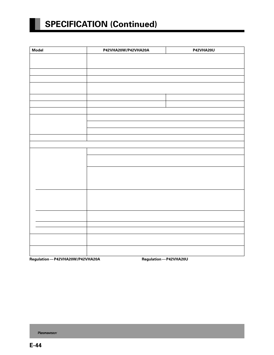 Specification (continued), E-44 | FUJITSU P42VHA20W User Manual | Page 44 / 45