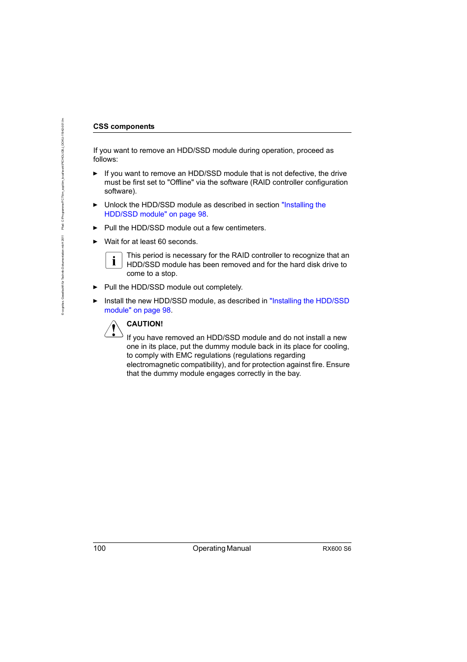 100 operating manual, Css components, Rx600 s6 | FUJITSU PRIMERGY RX600 S6 User Manual | Page 100 / 134