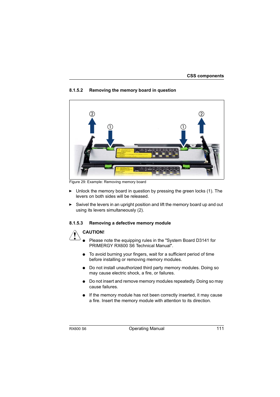 2 removing the memory board in question, 3 removing a defective memory module, Removing the memory board in question | Removing a defective memory module, Removing the memory board | FUJITSU PRIMERGY RX600 S6 User Manual | Page 111 / 134