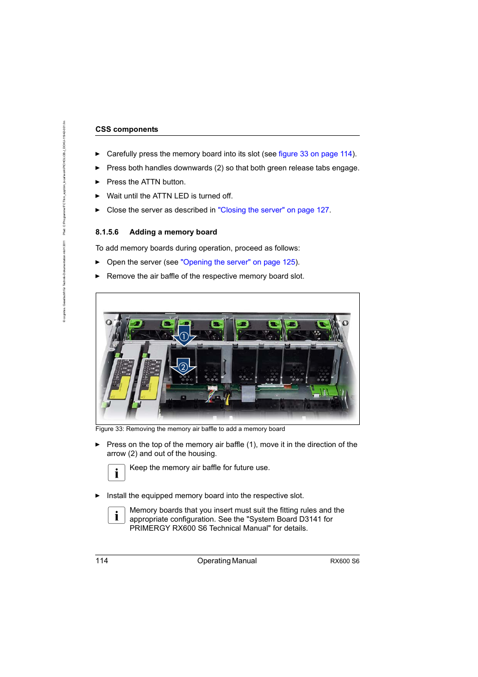 6 adding a memory board, Adding a memory board, 114 operating manual | Css components | FUJITSU PRIMERGY RX600 S6 User Manual | Page 114 / 134