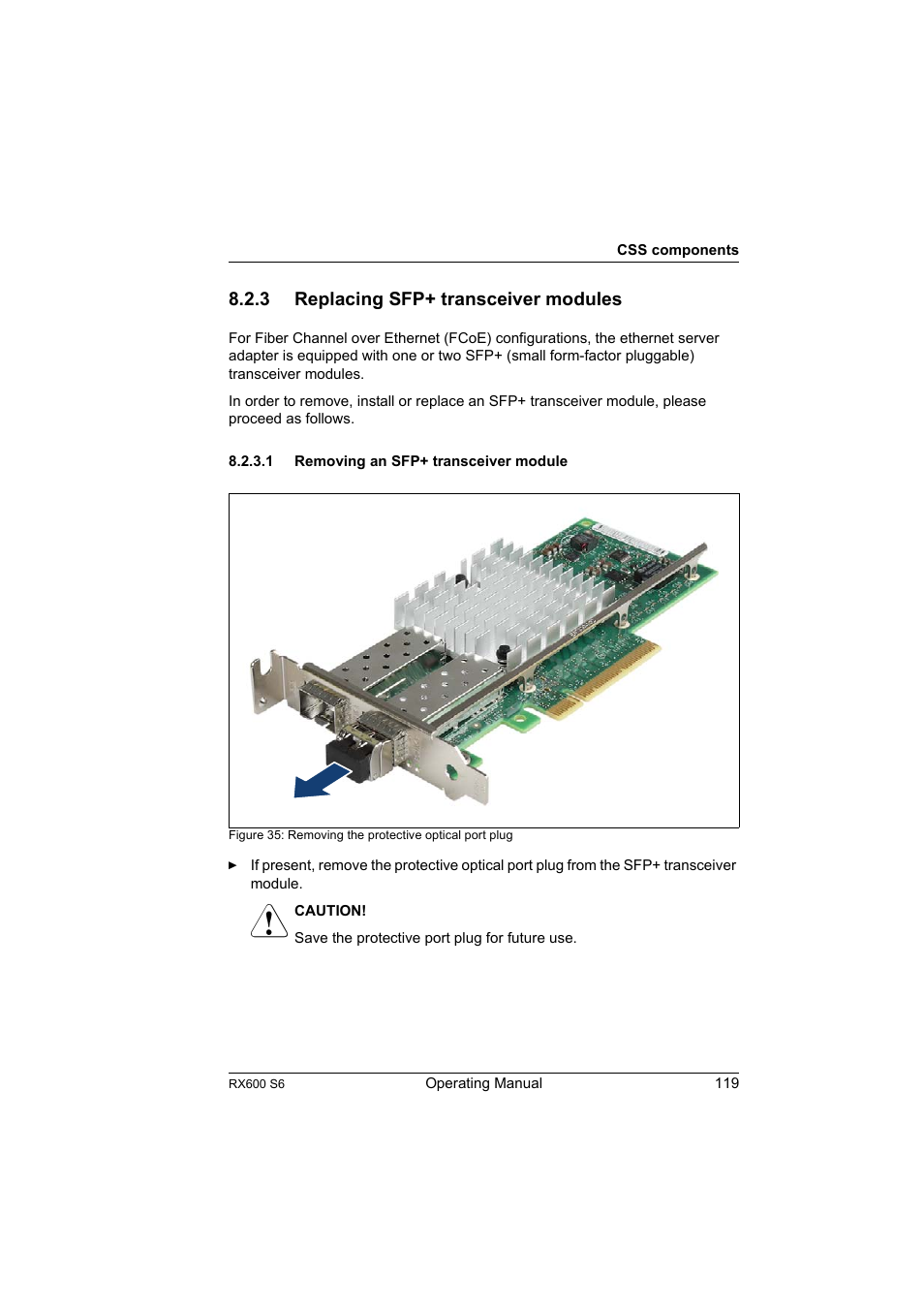 3 replacing sfp+ transceiver modules, 1 removing an sfp+ transceiver module, Replacing sfp+ transceiver modules | Removing an sfp+ transceiver module | FUJITSU PRIMERGY RX600 S6 User Manual | Page 119 / 134