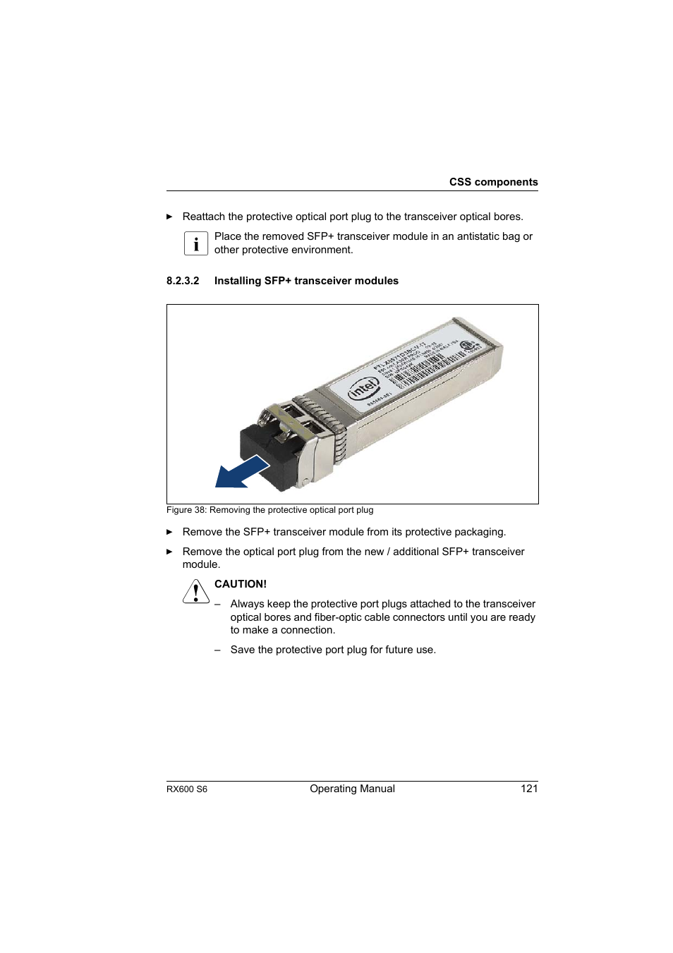 2 installing sfp+ transceiver modules, Installing sfp+ transceiver modules | FUJITSU PRIMERGY RX600 S6 User Manual | Page 121 / 134