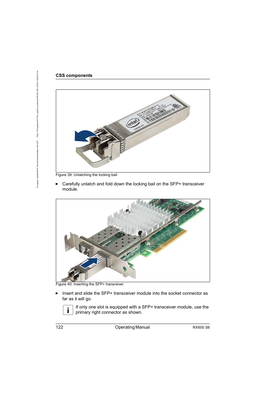 122 operating manual, Css components, Rx600 s6 | Figure 39: unlatching the locking bail, Figure 40: inserting the sfp+ transreiver | FUJITSU PRIMERGY RX600 S6 User Manual | Page 122 / 134