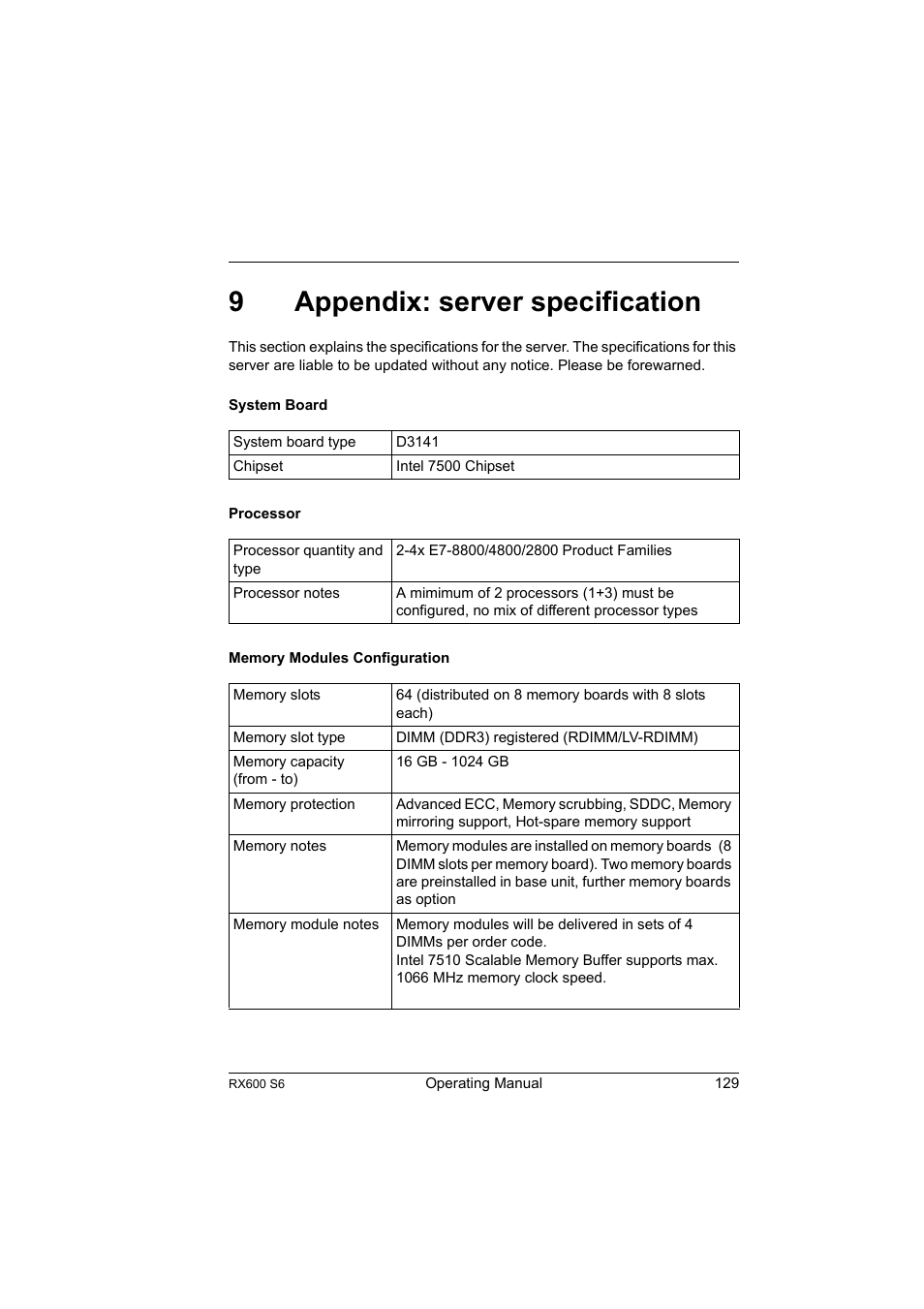 9 appendix: server specification, 9appendix: server specification | FUJITSU PRIMERGY RX600 S6 User Manual | Page 129 / 134