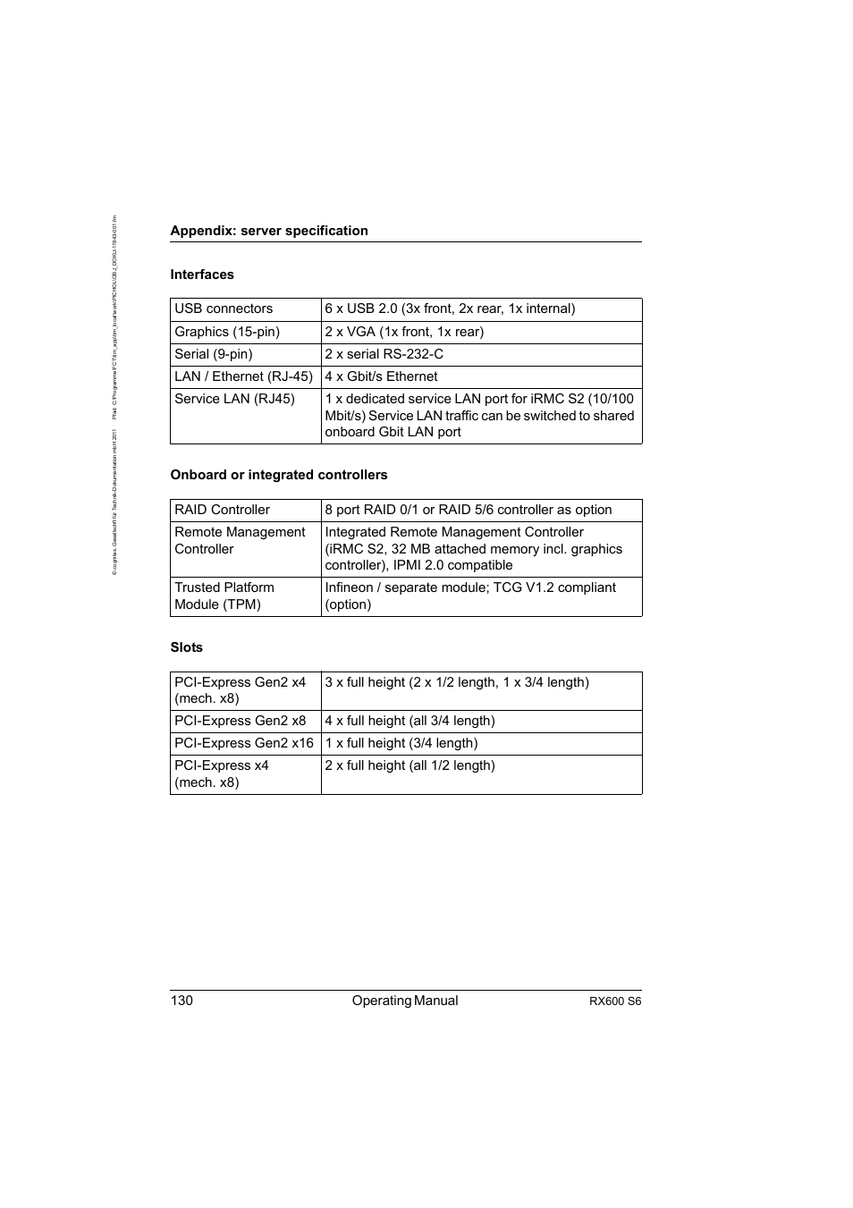 130 operating manual, Appendix: server specification, Rx600 s6 | FUJITSU PRIMERGY RX600 S6 User Manual | Page 130 / 134