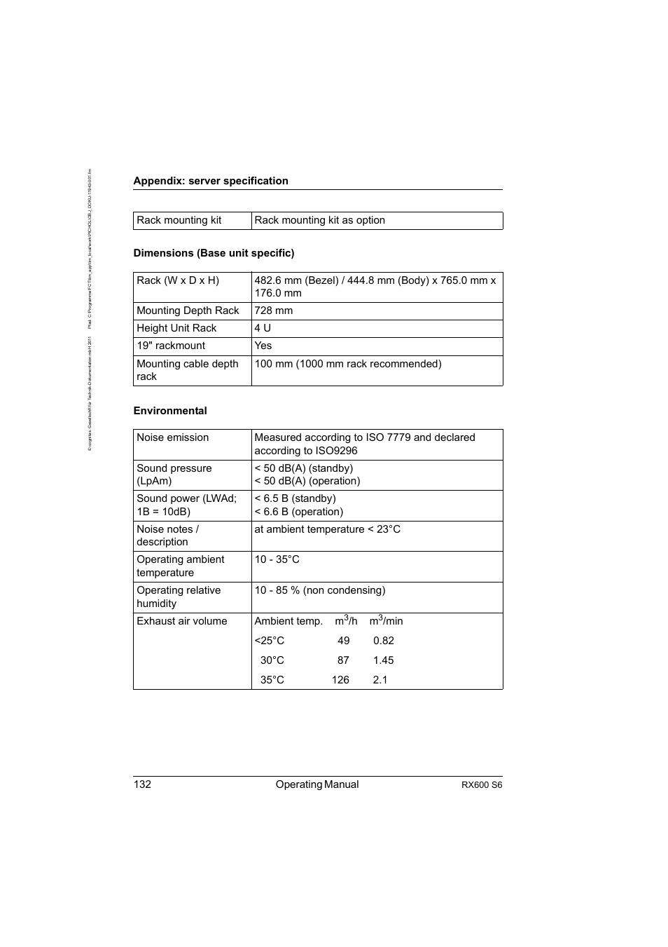 132 operating manual, Appendix: server specification | FUJITSU PRIMERGY RX600 S6 User Manual | Page 132 / 134