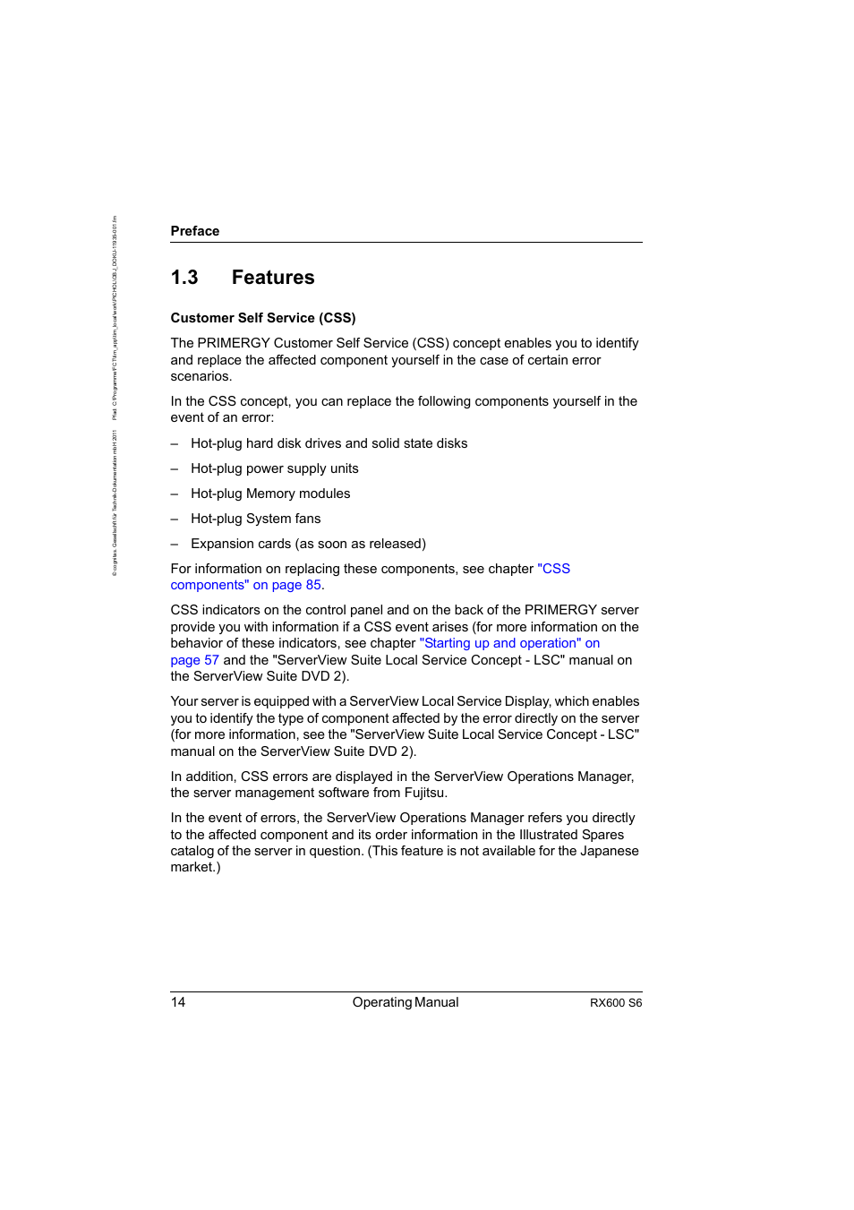 3 features, Features, 14 operating manual | Preface, Rx600 s6 | FUJITSU PRIMERGY RX600 S6 User Manual | Page 14 / 134