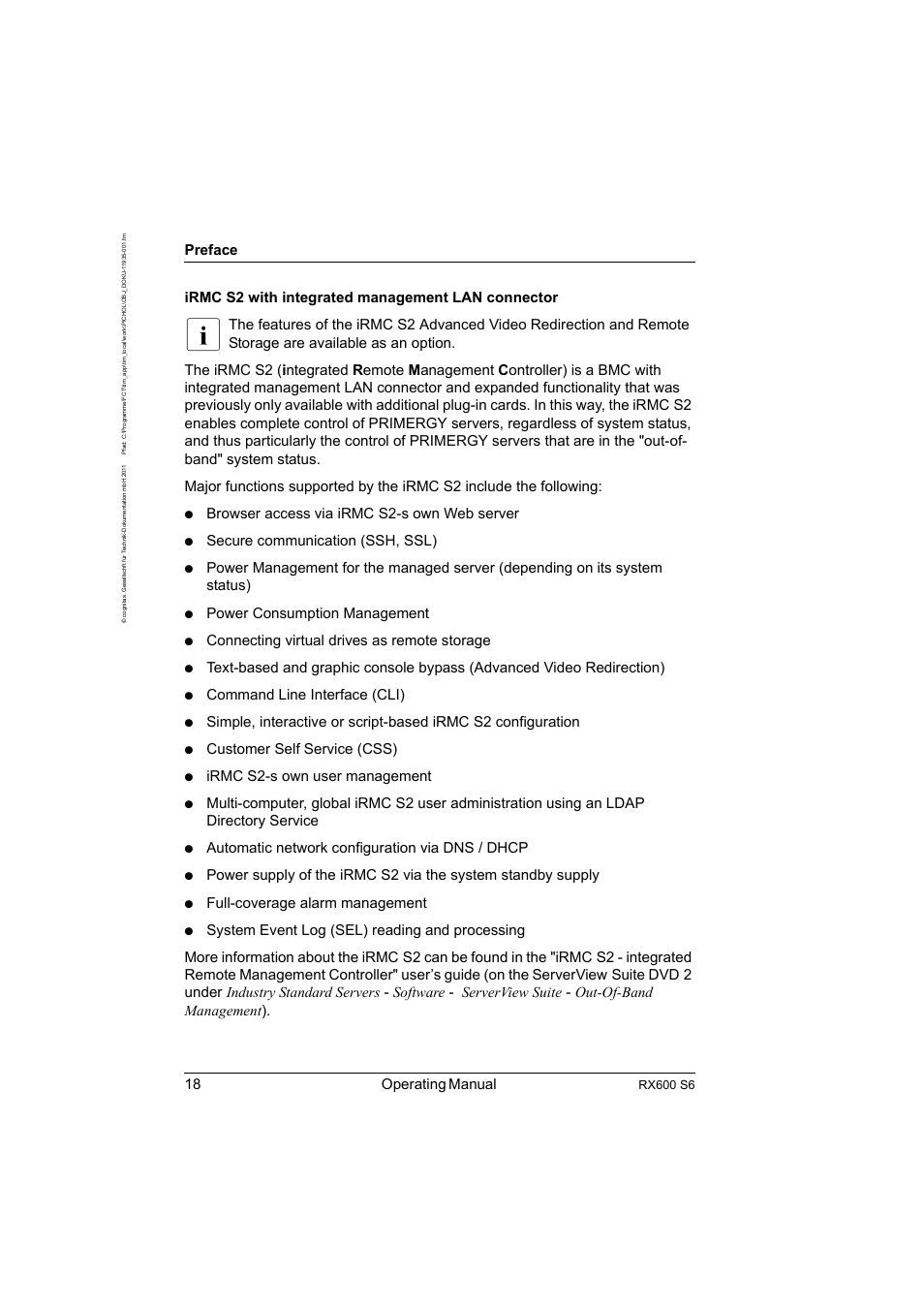 18 operating manual, Preface, Irmc s2 with integrated management lan connector | Browser access via irmc s2-s own web server, Secure communication (ssh, ssl), Power consumption management, Connecting virtual drives as remote storage, Command line interface (cli), Customer self service (css), Irmc s2-s own user management | FUJITSU PRIMERGY RX600 S6 User Manual | Page 18 / 134