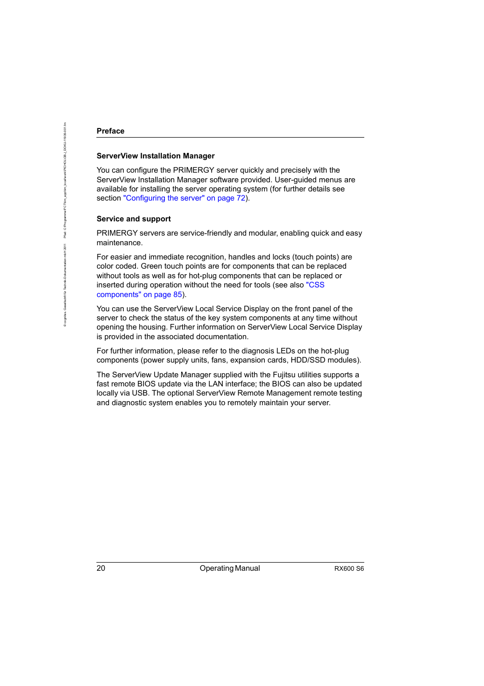 20 operating manual, Preface, Rx600 s6 | FUJITSU PRIMERGY RX600 S6 User Manual | Page 20 / 134