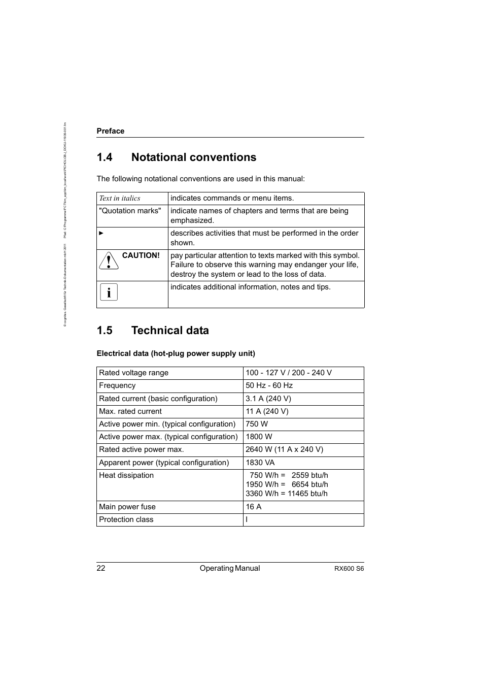 4 notational conventions, 5 technical data, Notational conventions | Technical data, 22 operating manual, Preface | FUJITSU PRIMERGY RX600 S6 User Manual | Page 22 / 134