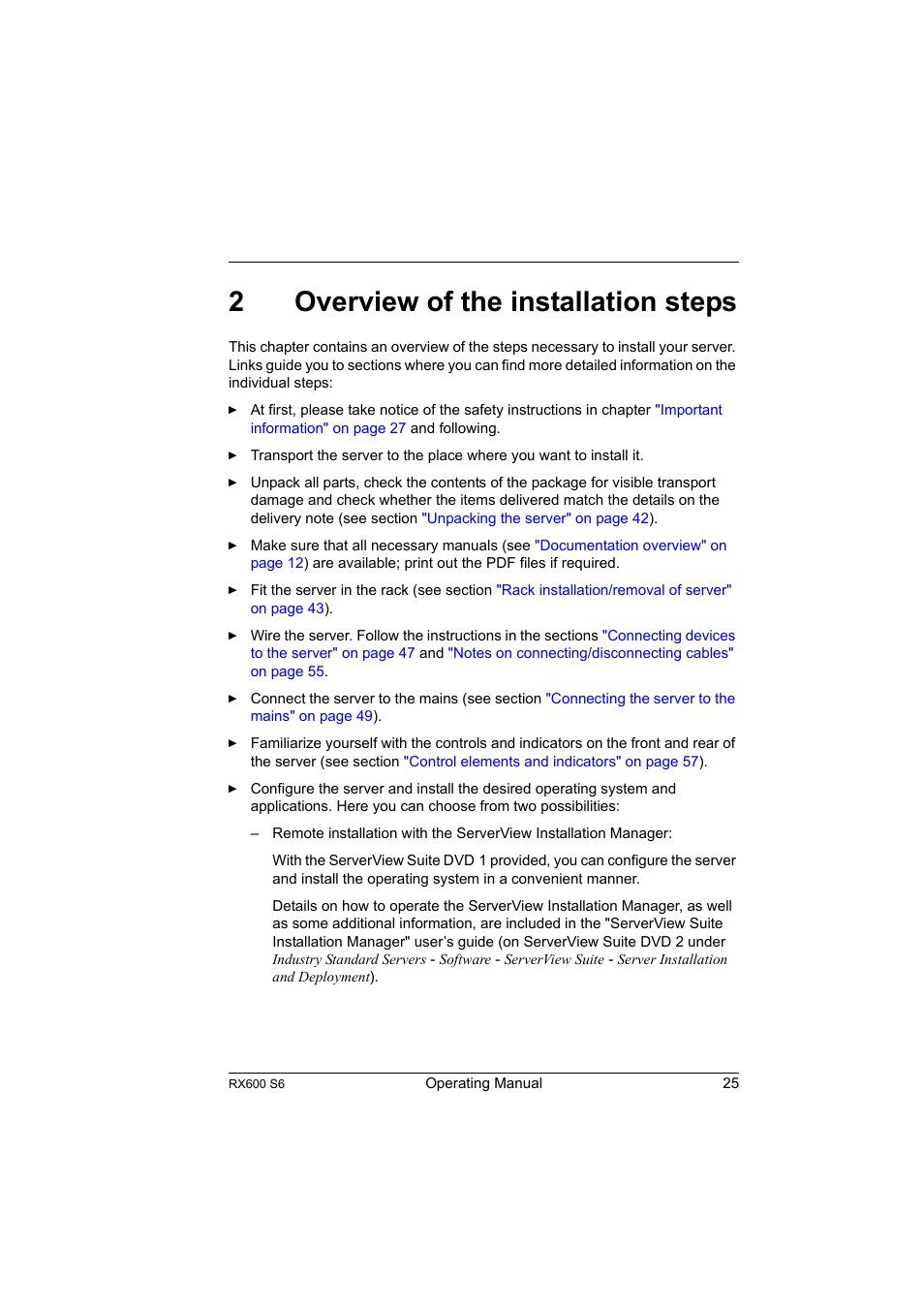 2 overview of the installation steps, Overview of the installation steps, 2overview of the installation steps | FUJITSU PRIMERGY RX600 S6 User Manual | Page 25 / 134