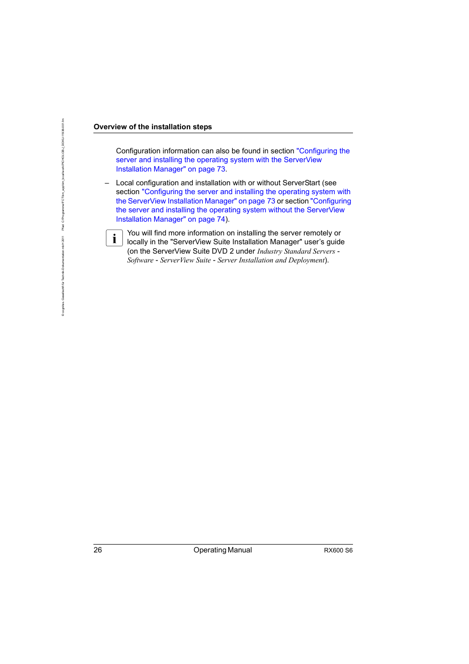 26 operating manual, Overview of the installation steps, Rx600 s6 | FUJITSU PRIMERGY RX600 S6 User Manual | Page 26 / 134