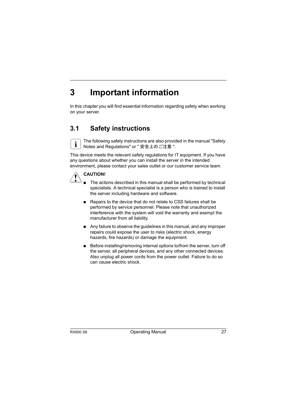 3 important information, 1 safety instructions, Important information | Safety instructions, Important, And fol, 3important information | FUJITSU PRIMERGY RX600 S6 User Manual | Page 27 / 134