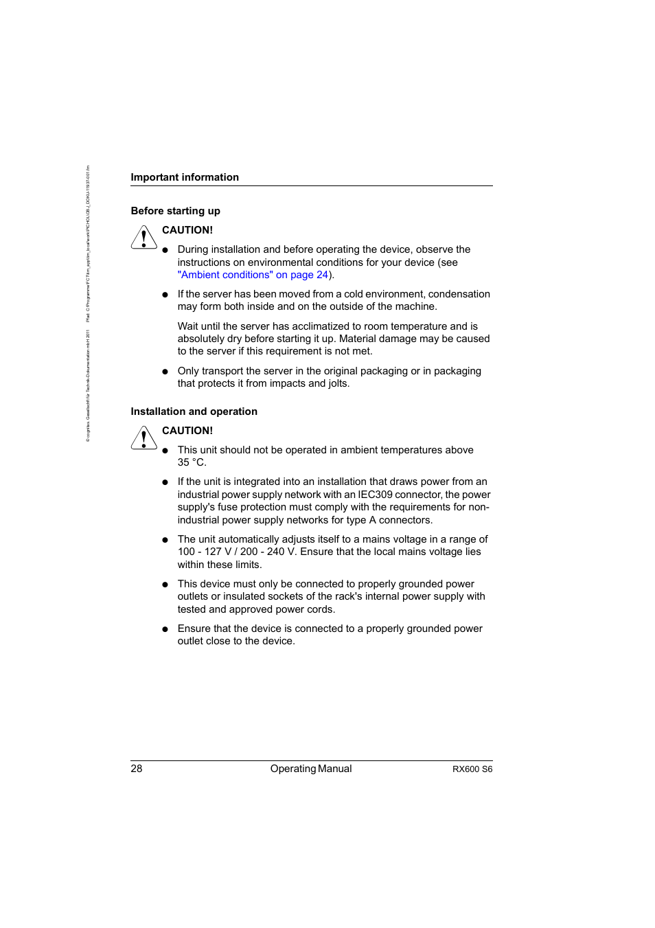 28 operating manual, Important information, Before starting up | Caution, Rx600 s6 | FUJITSU PRIMERGY RX600 S6 User Manual | Page 28 / 134