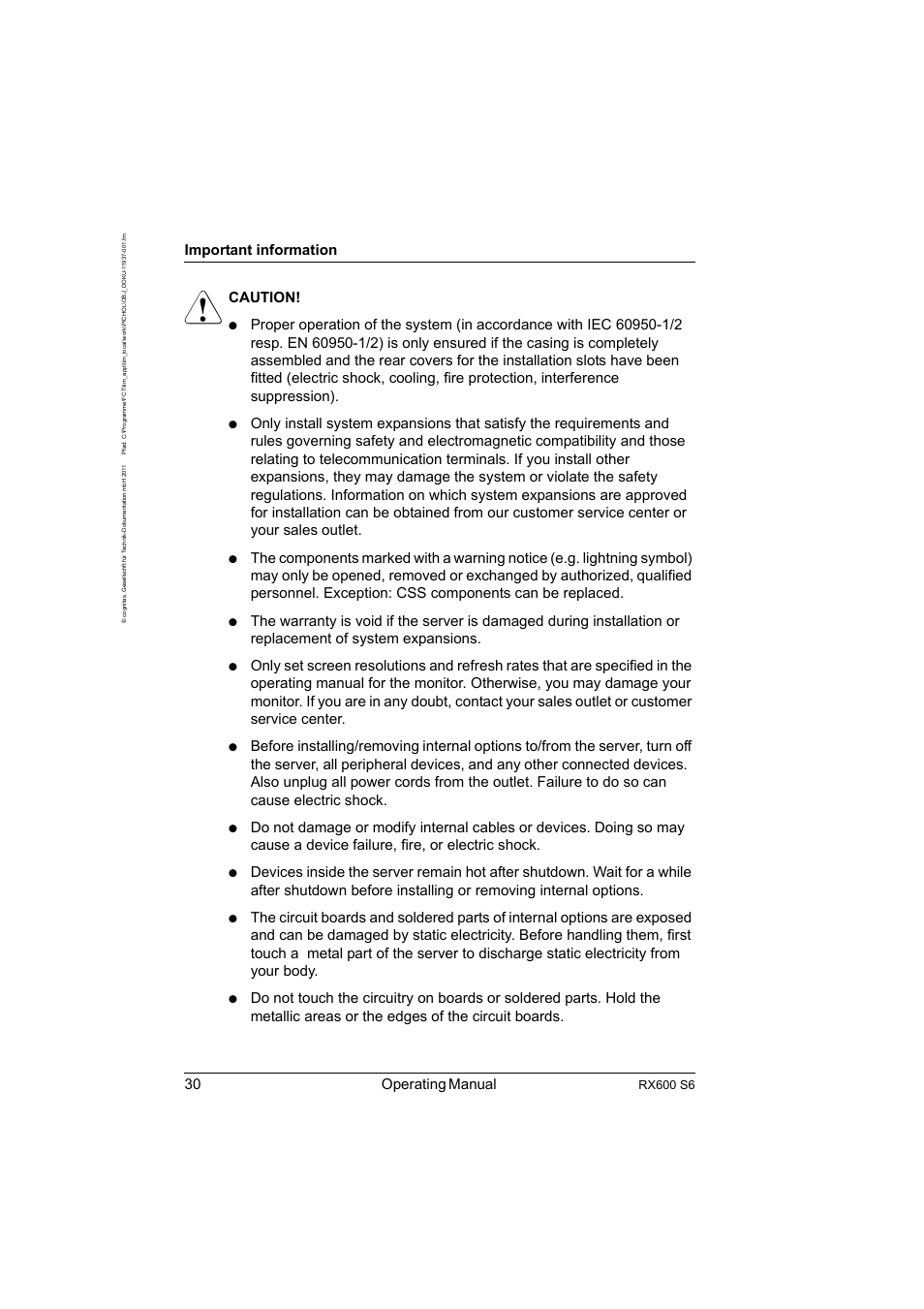 30 operating manual, Important information, Caution | Rx600 s6 | FUJITSU PRIMERGY RX600 S6 User Manual | Page 30 / 134