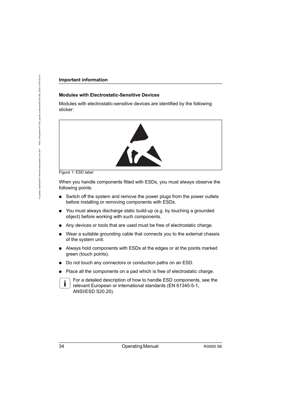 34 operating manual, Important information, Rx600 s6 | Figure 1: esd label | FUJITSU PRIMERGY RX600 S6 User Manual | Page 34 / 134