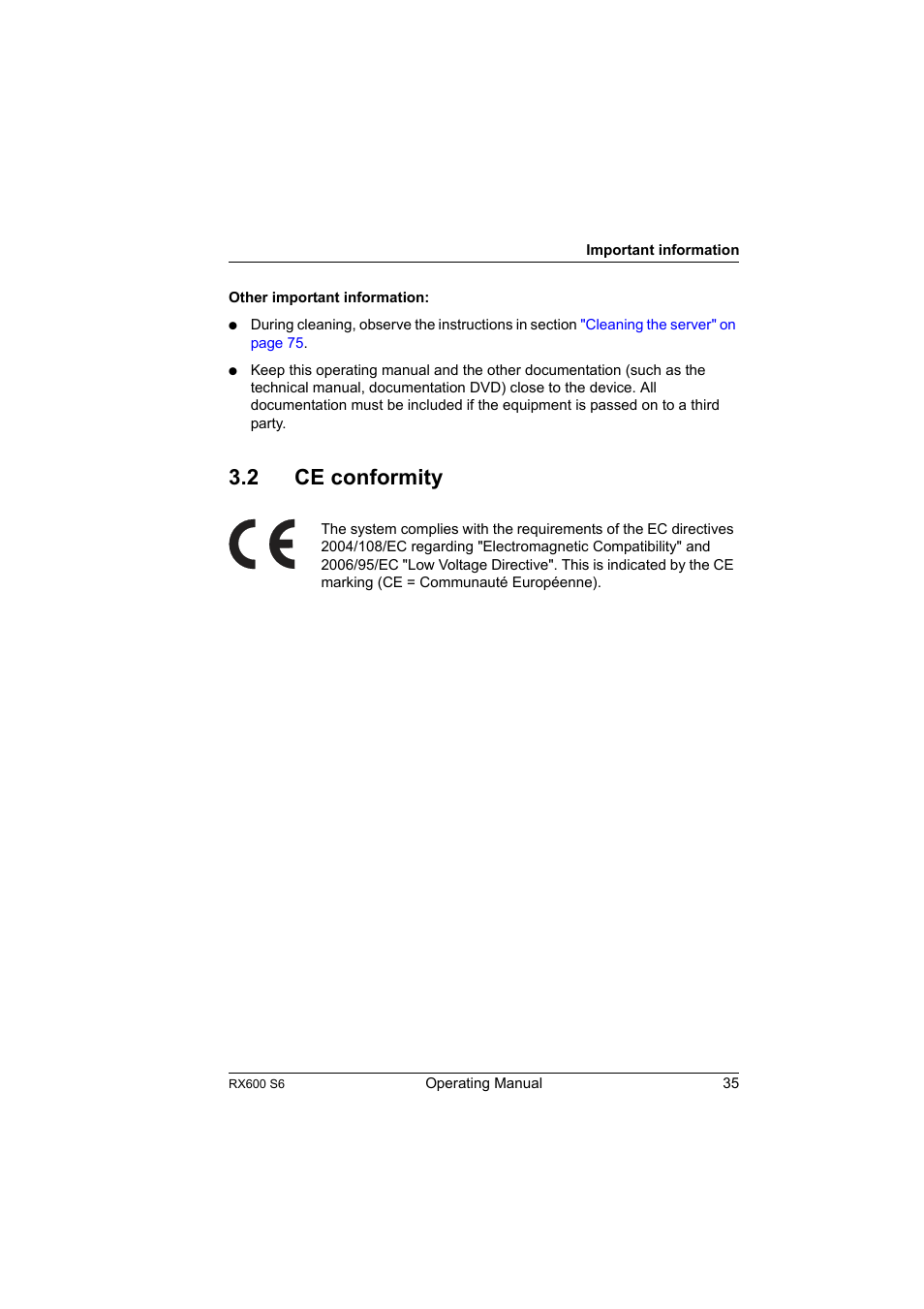 2 ce conformity, Ce conformity | FUJITSU PRIMERGY RX600 S6 User Manual | Page 35 / 134