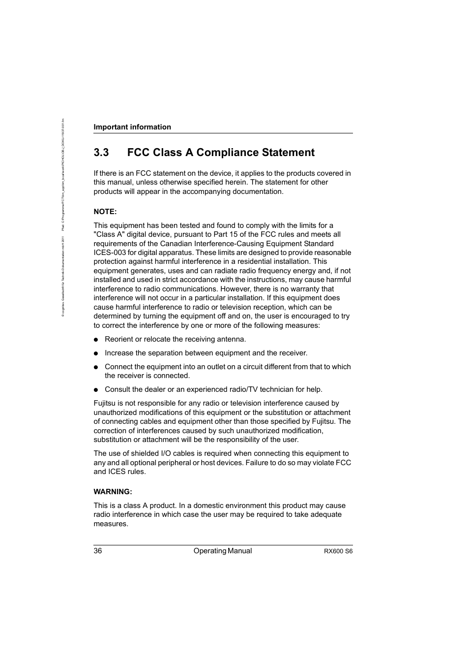 3 fcc class a compliance statement, Fcc class a compliance statement, 36 operating manual | Important information, Reorient or relocate the receiving antenna, Rx600 s6 | FUJITSU PRIMERGY RX600 S6 User Manual | Page 36 / 134