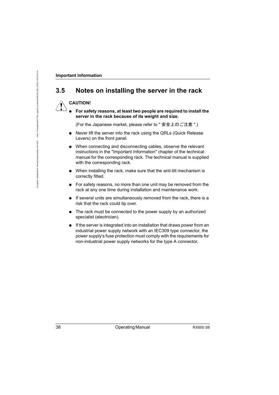 5 notes on installing the server in the rack, Notes on installing the server in the rack, 38 operating manual | Important information, Caution, Rx600 s6 | FUJITSU PRIMERGY RX600 S6 User Manual | Page 38 / 134