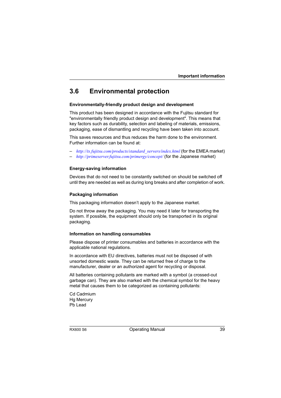 6 environmental protection, Environmental protection | FUJITSU PRIMERGY RX600 S6 User Manual | Page 39 / 134