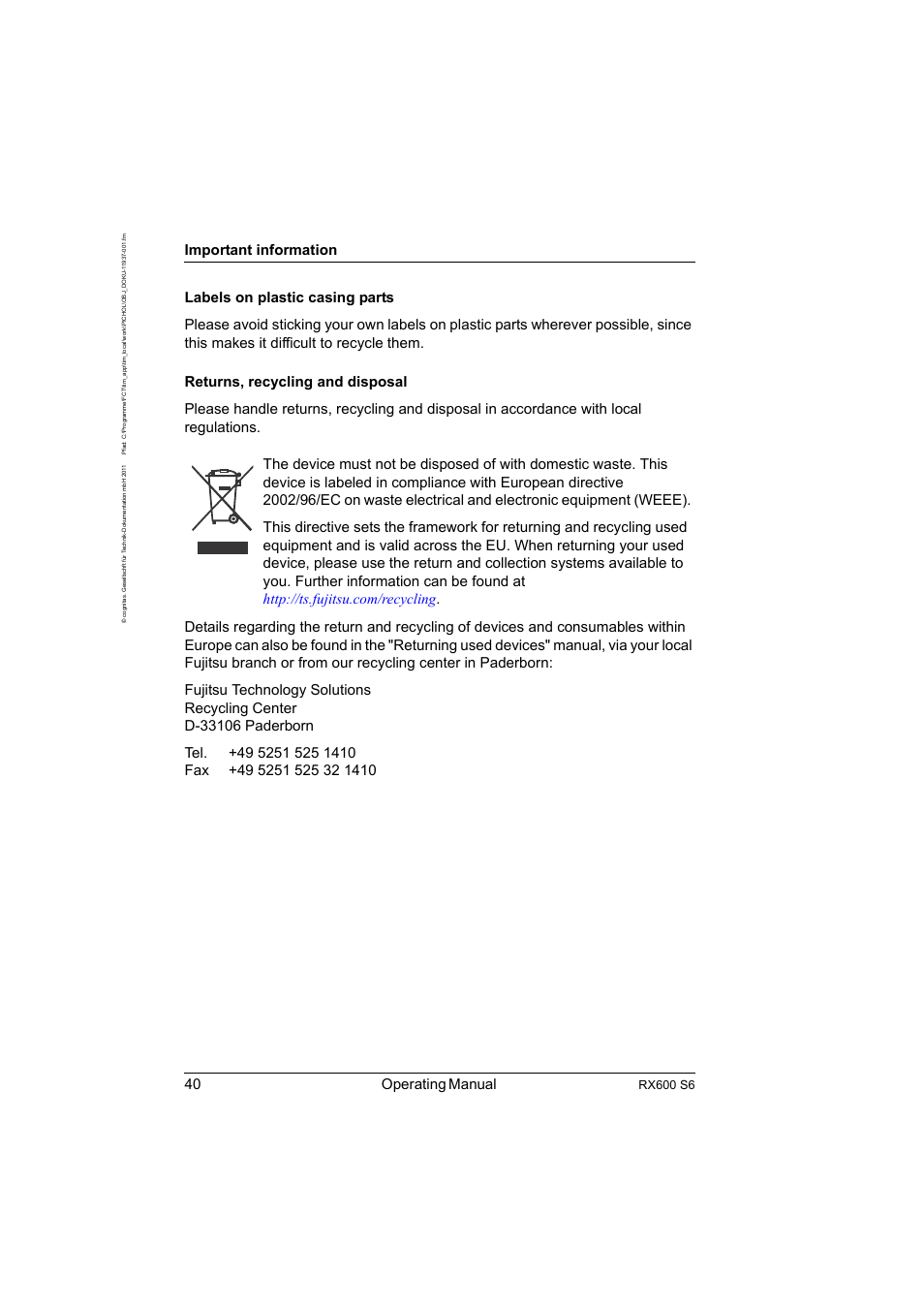 40 operating manual, Important information, Rx600 s6 | FUJITSU PRIMERGY RX600 S6 User Manual | Page 40 / 134