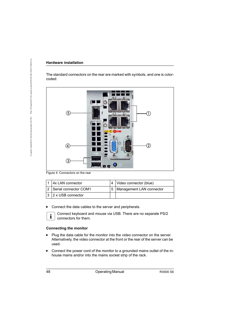 48 operating manual, Hardware installation, Rx600 s6 | Figure 4: connectors on the rear | FUJITSU PRIMERGY RX600 S6 User Manual | Page 48 / 134