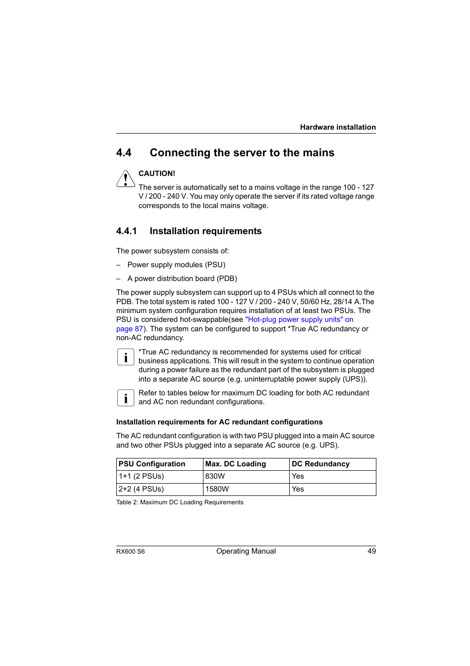 4 connecting the server to the mains, 1 installation requirements, Connecting the server to the mains | Installation requirements, Connecting the server to the | FUJITSU PRIMERGY RX600 S6 User Manual | Page 49 / 134