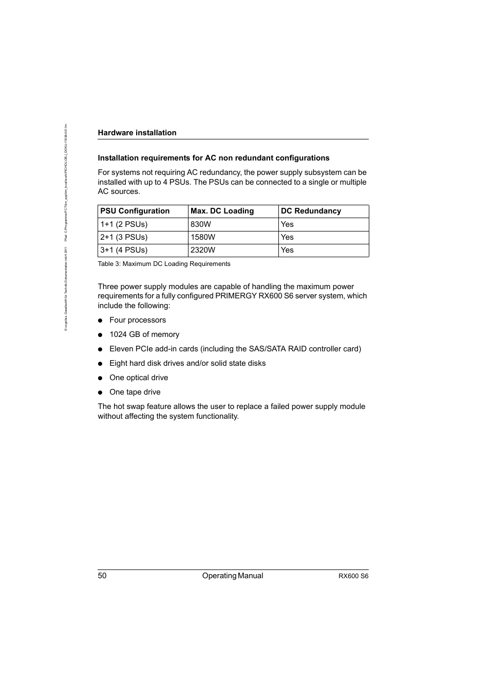 50 operating manual, Hardware installation, Four processors | Eight hard disk drives and/or solid state disks, One optical drive, Rx600 s6, Table 3: maximum dc loading requirements | FUJITSU PRIMERGY RX600 S6 User Manual | Page 50 / 134