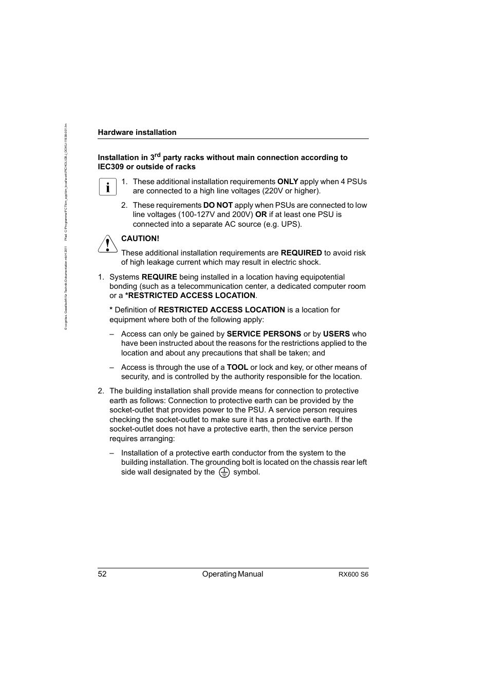 52 operating manual, Hardware installation, Installation in 3 | Rx600 s6 | FUJITSU PRIMERGY RX600 S6 User Manual | Page 52 / 134