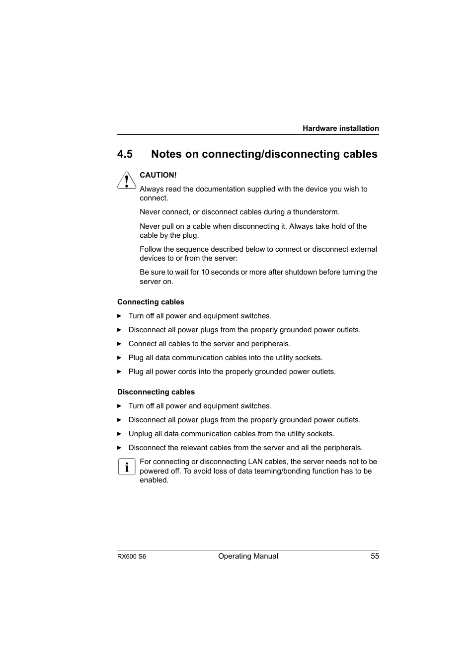 5 notes on connecting/disconnecting cables, Notes on connecting/disconnecting cables | FUJITSU PRIMERGY RX600 S6 User Manual | Page 55 / 134