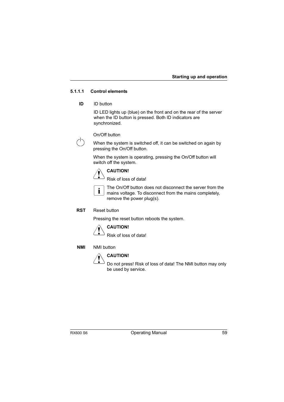 1 control elements, Control elements | FUJITSU PRIMERGY RX600 S6 User Manual | Page 59 / 134