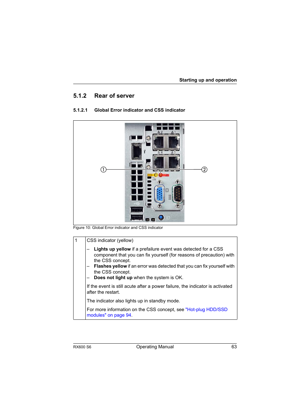 2 rear of server, 1 global error indicator and css indicator, Rear of server | Global error indicator and css indicator | FUJITSU PRIMERGY RX600 S6 User Manual | Page 63 / 134