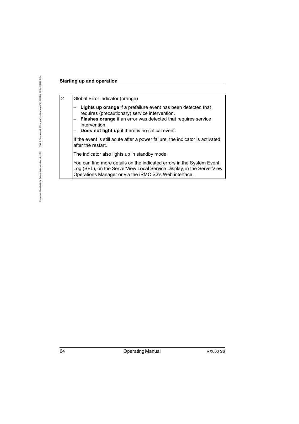 64 operating manual, Starting up and operation, Rx600 s6 | FUJITSU PRIMERGY RX600 S6 User Manual | Page 64 / 134